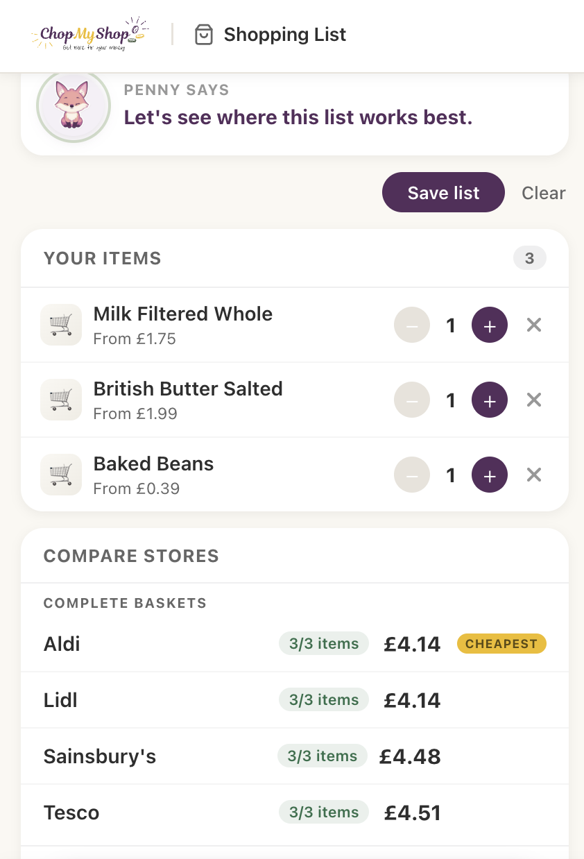See your shopping list totals by store
